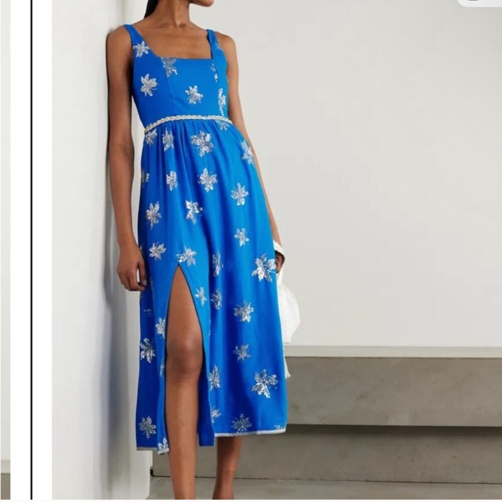 NWT sz XS Waimari Cobalt Blue Olivia Dress Midi Maxi Beaded Floral Square Neck
